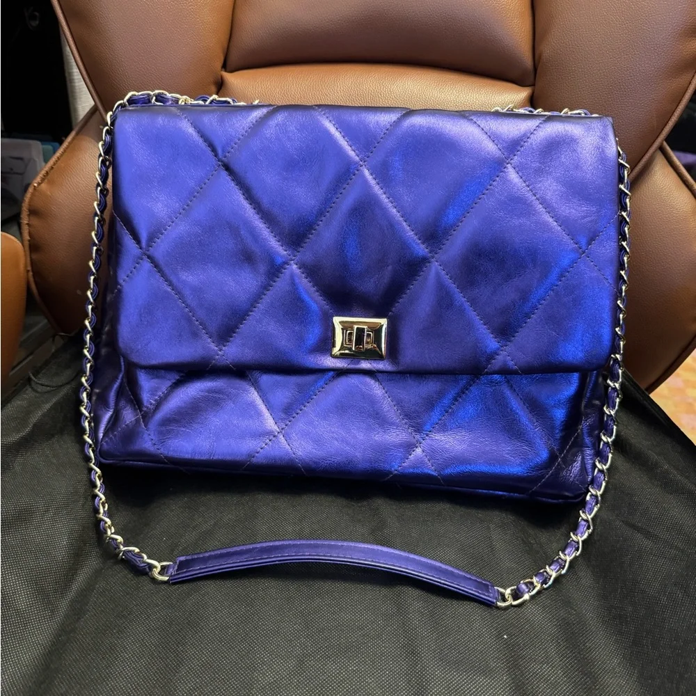 Virsa XL Diamonds Eternal Quilted Leather Metallic Purple Crossbody - Picture 4 of 9